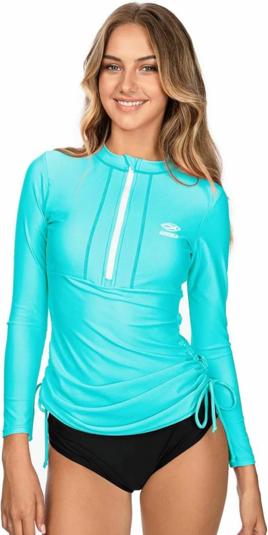 AXESEA Women's Long Sleeve Rash Guard UPF 50+ Sun Protection Swim Top with Half Zip & Adjustable Sides