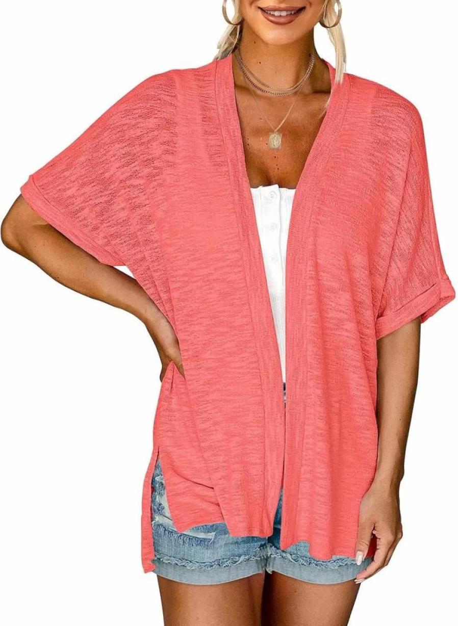 Women's Lightweight UV Protection Rash Guard Cardigan - Casual Short Sleeve Swim Cover Up with Side Split - Generic