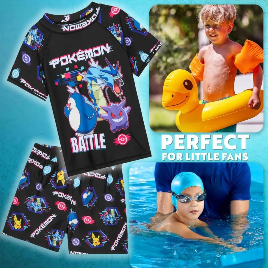 Pokemon Boys 2-Piece Swim Set - Rash Guard & Swim Trunks for Kids