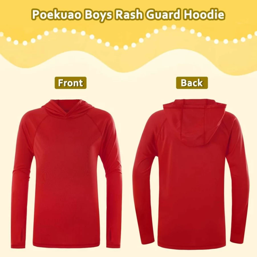 Poekuao UPF 50+ Boys Rash Guard Hoodie - Quick Dry Long Sleeve Swim Shirt for Sun Protection, Fishing, Beach & Water Activities