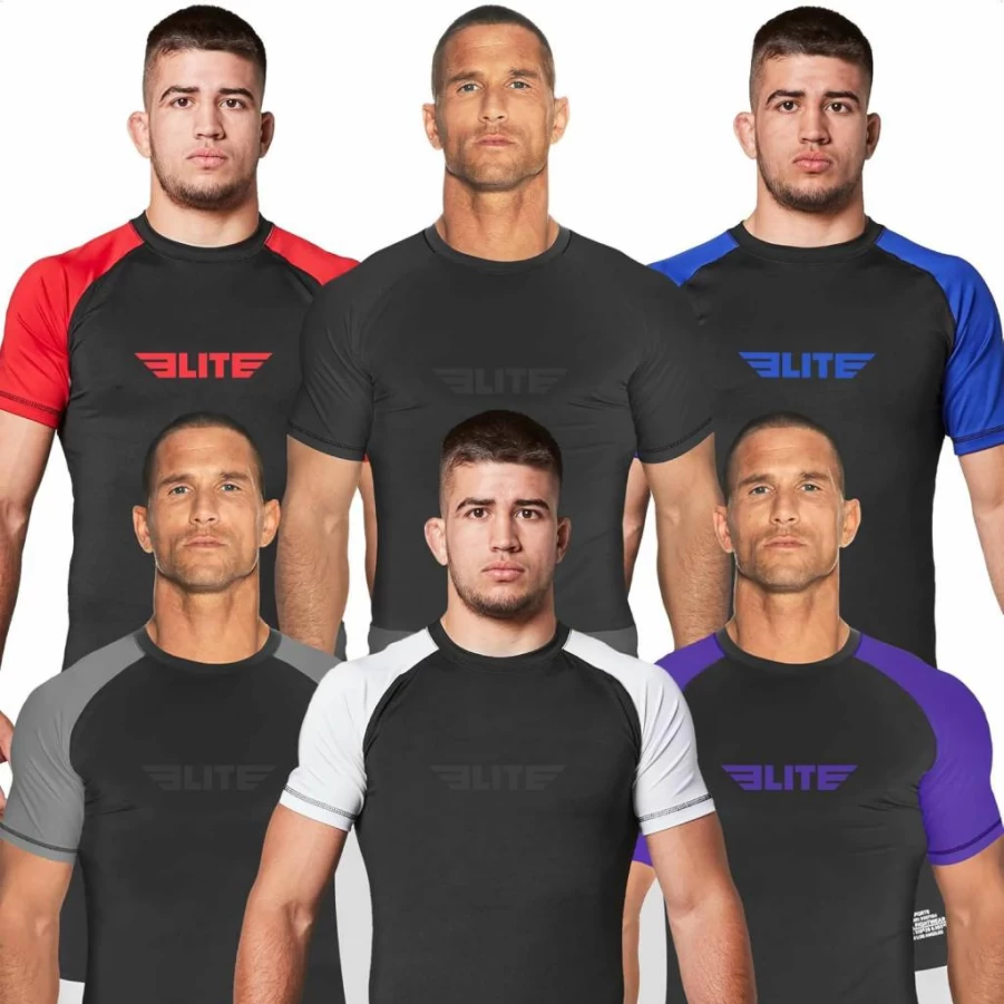 Elite Sports Men's BJJ Rash Guard - No Gi Short Sleeve Compression Shirt for MMA & Brazilian Jiu Jitsu Training