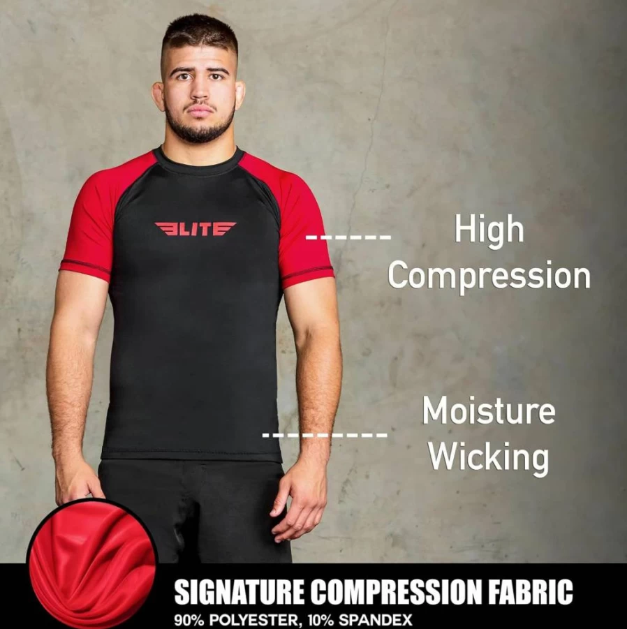 Elite Sports Men's BJJ Rash Guard - No Gi Short Sleeve Compression Shirt for MMA & Brazilian Jiu Jitsu Training