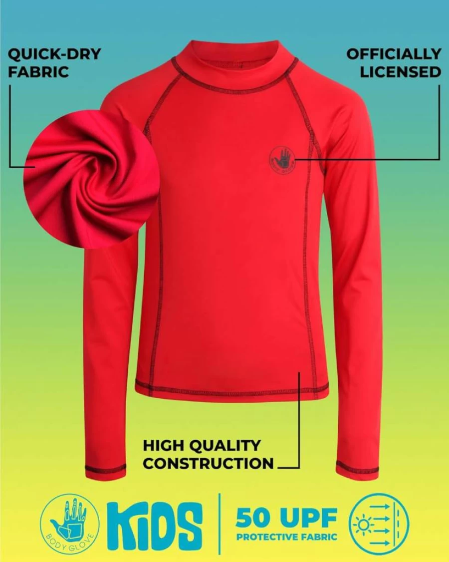 Body Glove UPF 50+ Boys Long Sleeve Rash Guard Swim Shirt - Sun Protective Swimwear for Kids Sizes 5-14