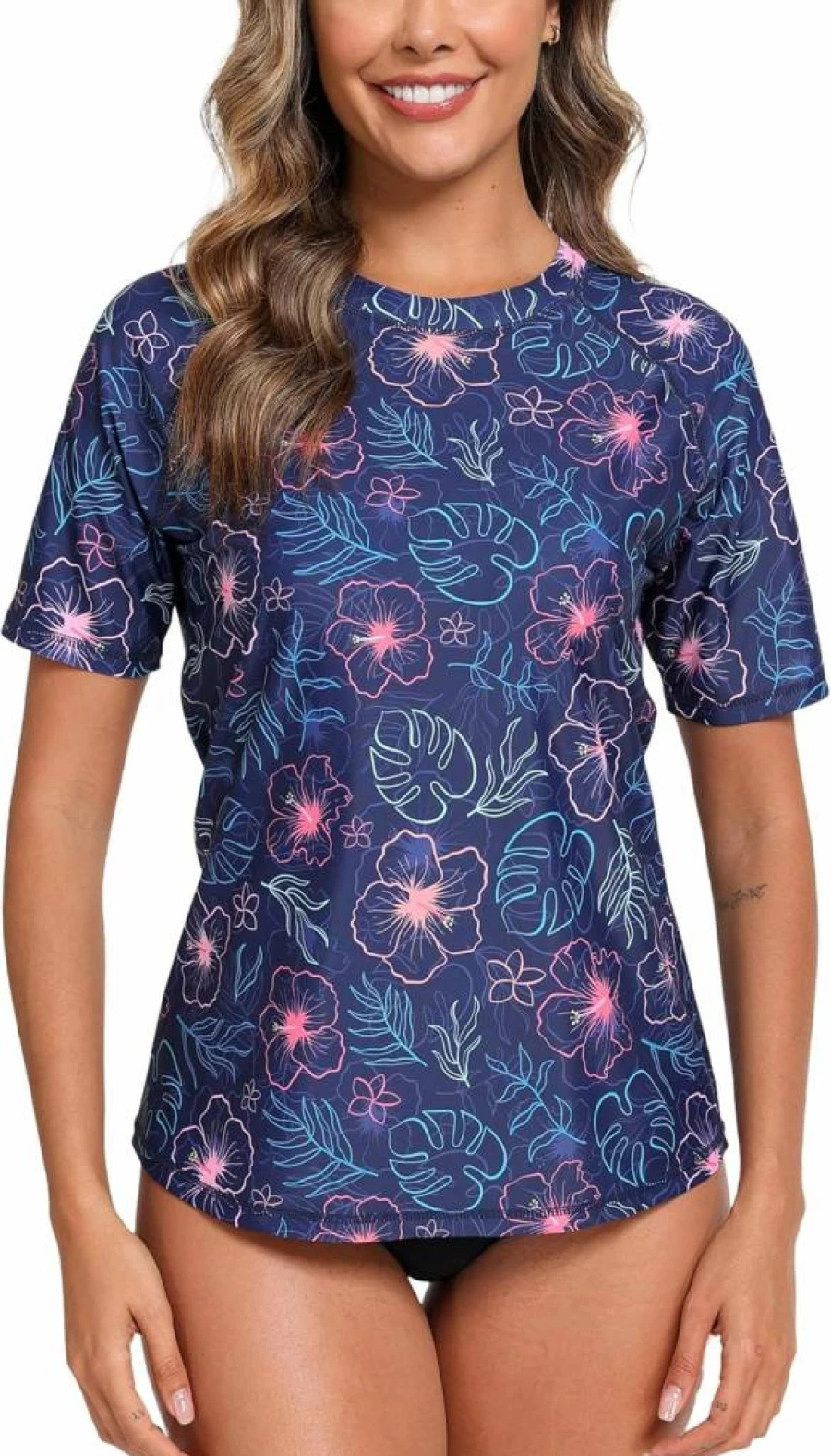 Halcurt Women's UPF50+ Quick Dry Short Sleeve Rash Guard Swim Top with Built-In Bra - Sun Protective Bathing Suit Shirt