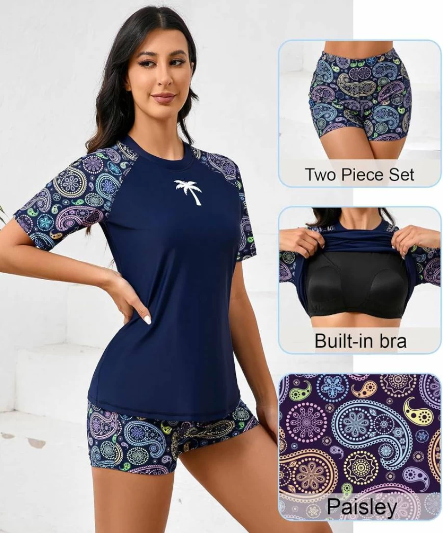 Halcurt Women's UPF 50 Swim Shirt with Built-In Bra & Board Shorts 2-Piece Rash Guard Swimsuit Set