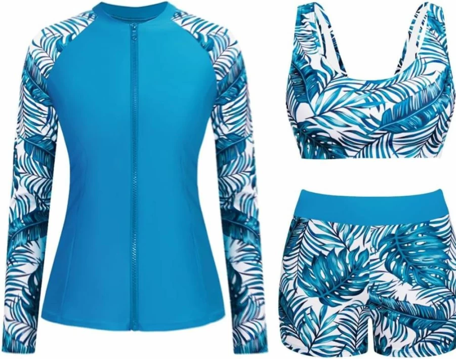 Holipick Women's 3-Piece SPF Rash Guard Swim Set - Long Sleeve Swimshirt with Built-In Bra & Zip-Up Shorts for Sun Protection