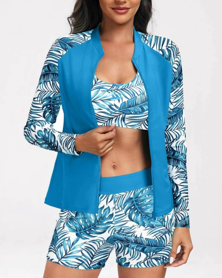Holipick Women's 3-Piece SPF Rash Guard Swim Set - Long Sleeve Swimshirt with Built-In Bra & Zip-Up Shorts for Sun Protection