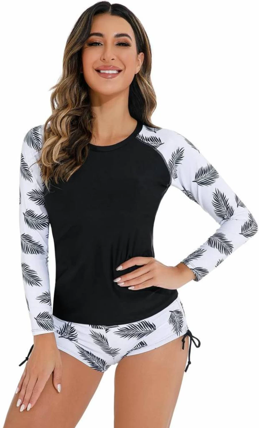 ABOCIW Women's UPF 50+ Long Sleeve Cropped Rash Guard & Boyshort Swimwear Set - Two Piece UV Protective Bathing Suit