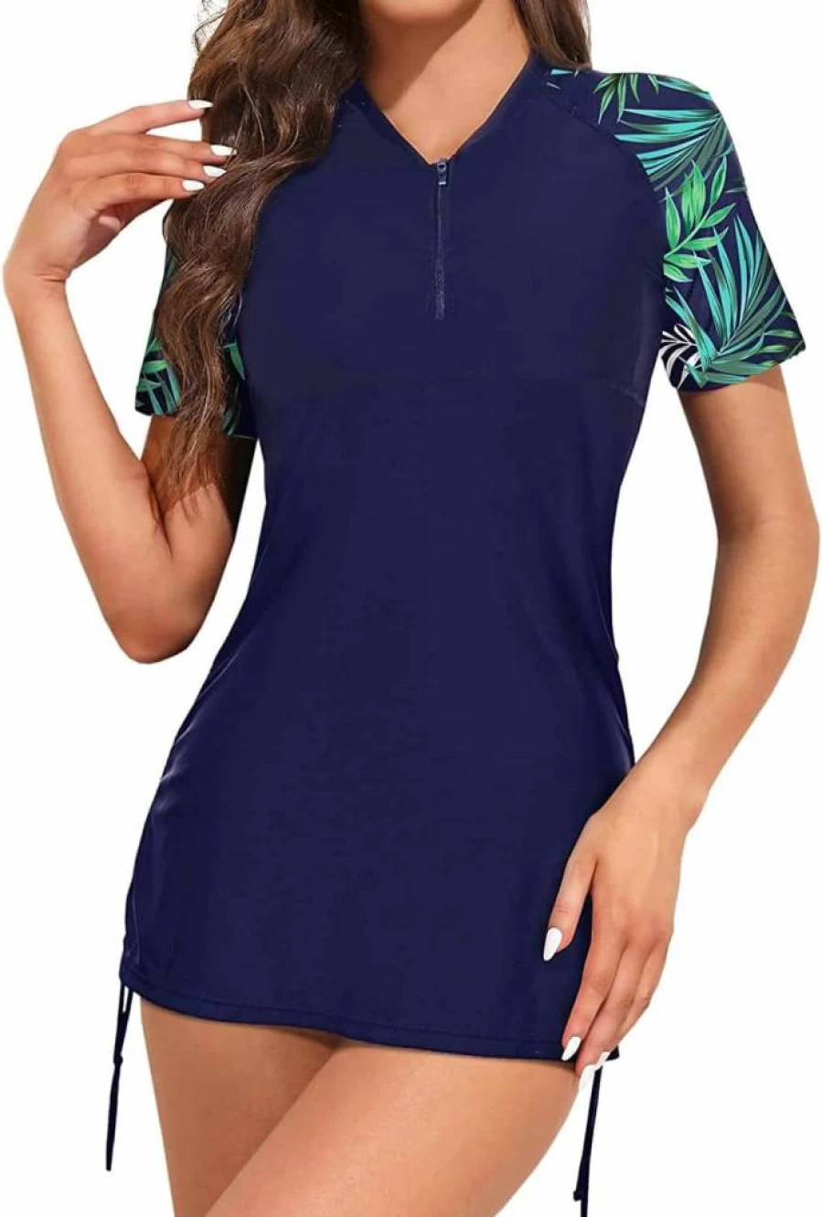 Holipick Women's 2-Piece UPF 50 Rash Guard Swim Set with Built-In Bra & Zipper Short Sleeve Bathing Suit