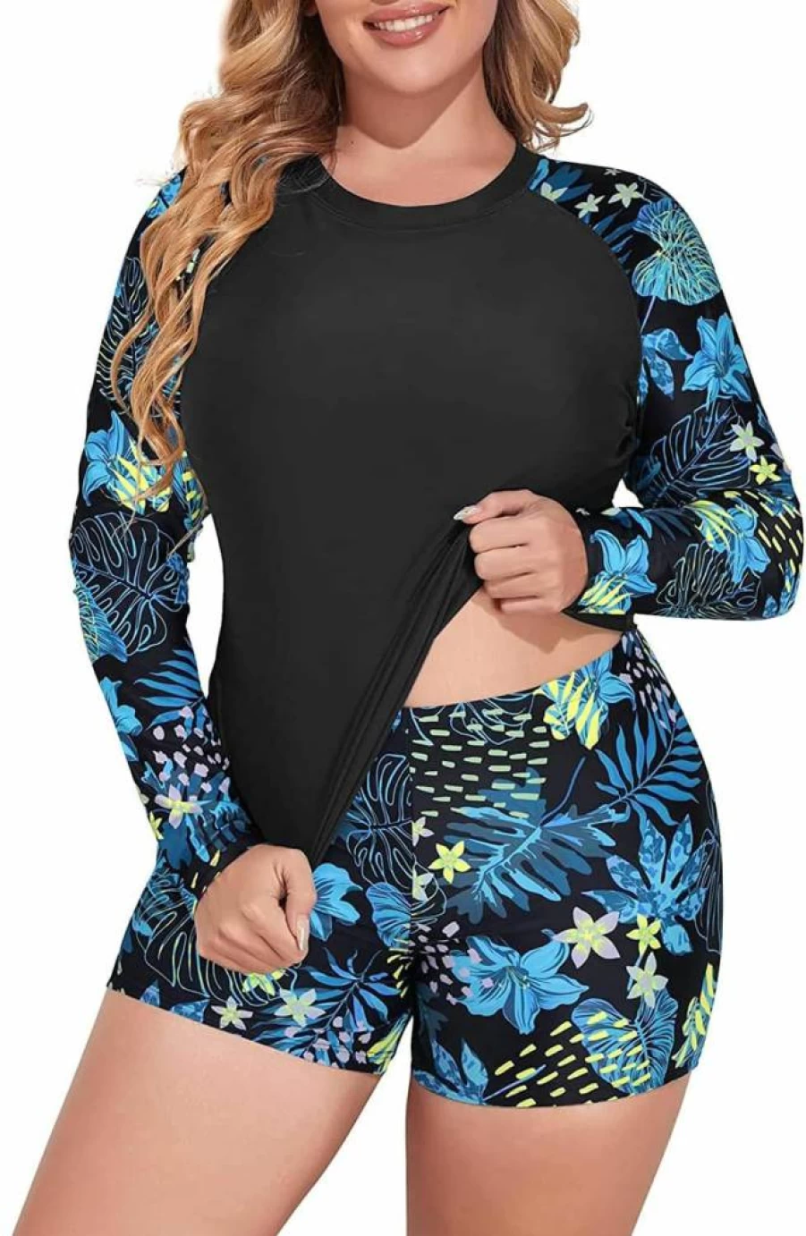 Daci Women's Plus Size 2-Piece Long Sleeve Zip Front Tankini Swimsuits UPF 50 Rash Guard Athletic Swimwear