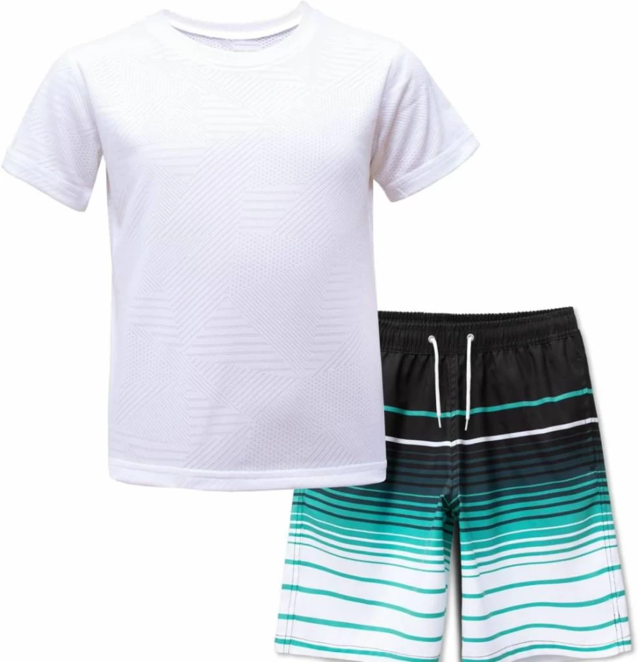 MEILONGER Boys' UPF 50+ Swim Shirt & Trunks Set - Quick Dry Short Sleeve Rash Guard & Bathing Suit (Sizes 8,10-12,14-16)