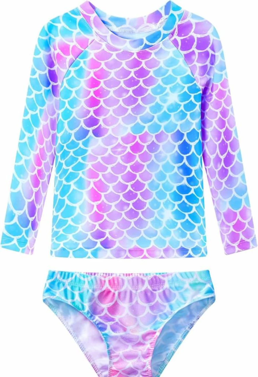 WhizBuzz UPF 50+ Girls Long Sleeve Rash Guard Swimsuits Two-Piece Tankini Set Sun Protective Bathing Suit