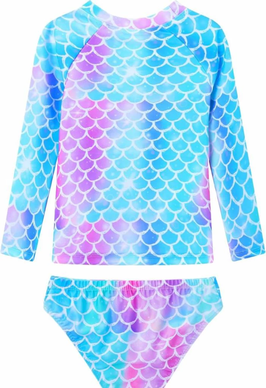 WhizBuzz UPF 50+ Girls Long Sleeve Rash Guard Swimsuits Two-Piece Tankini Set Sun Protective Bathing Suit
