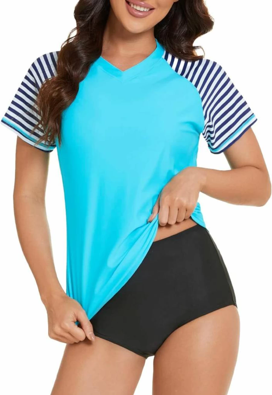 Bonneuitbebe Women's UPF 50+ Short Sleeve Rash Guard Swim Top - Printed Sun Protective Bathing Suit Shirt