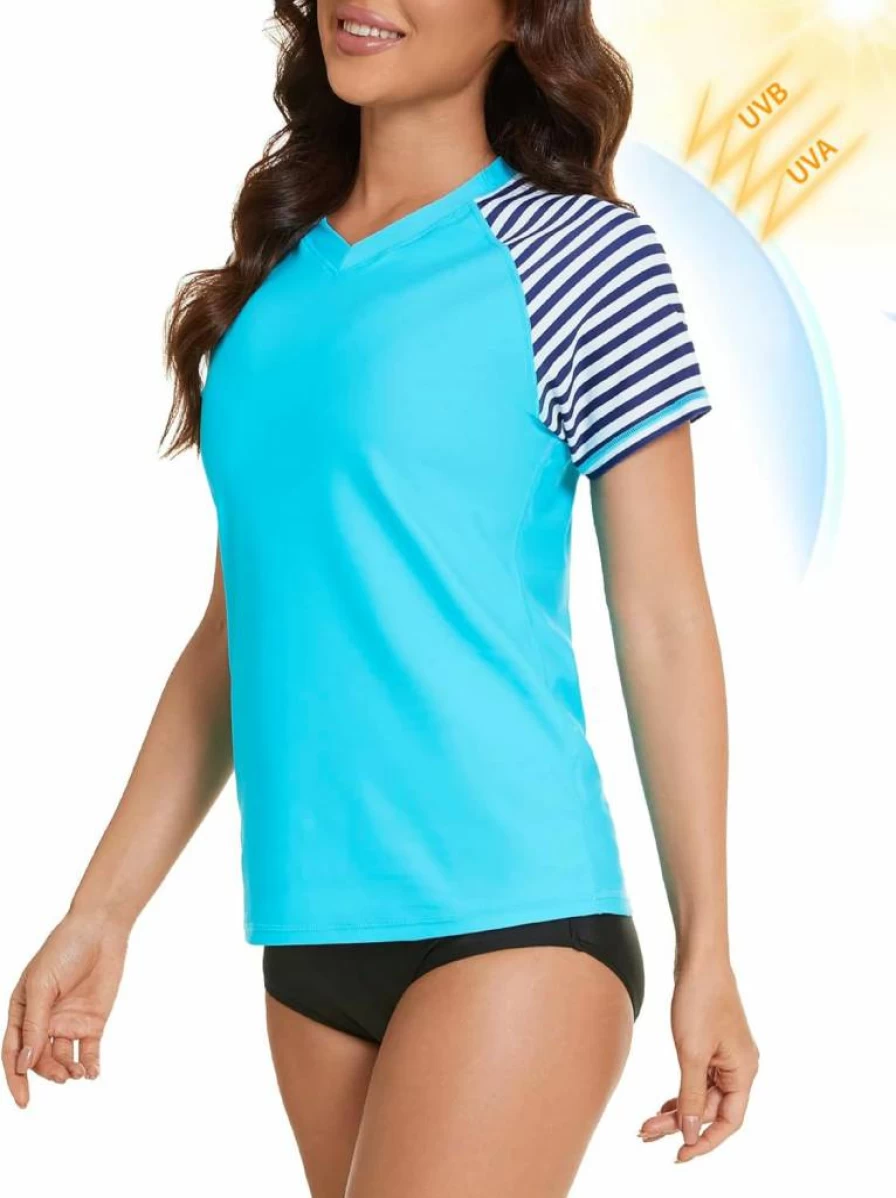 Bonneuitbebe Women's UPF 50+ Short Sleeve Rash Guard Swim Top - Printed Sun Protective Bathing Suit Shirt