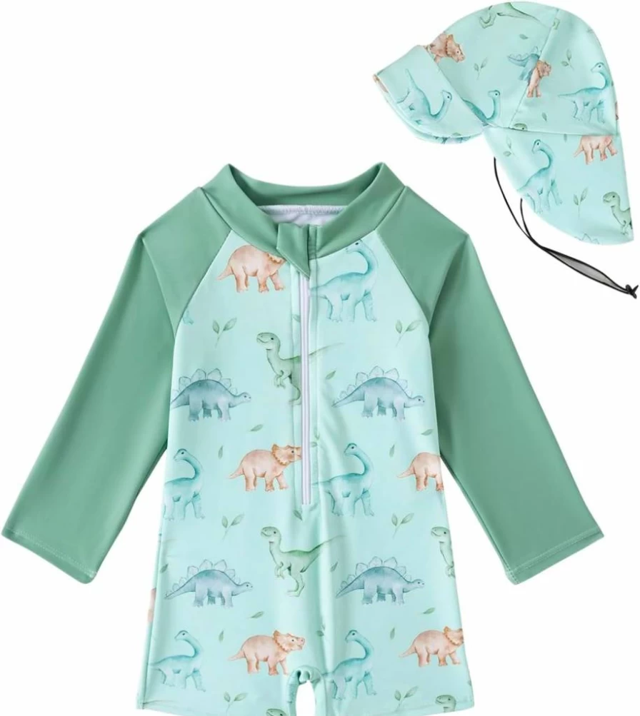 METYOUEZE Baby Boys' Long Sleeve Rash Guard Swimsuit with Sun Hat - UPF 50+ Sun Protection One-Piece Zipper Bathing Suit for Toddler Beach Swimwear