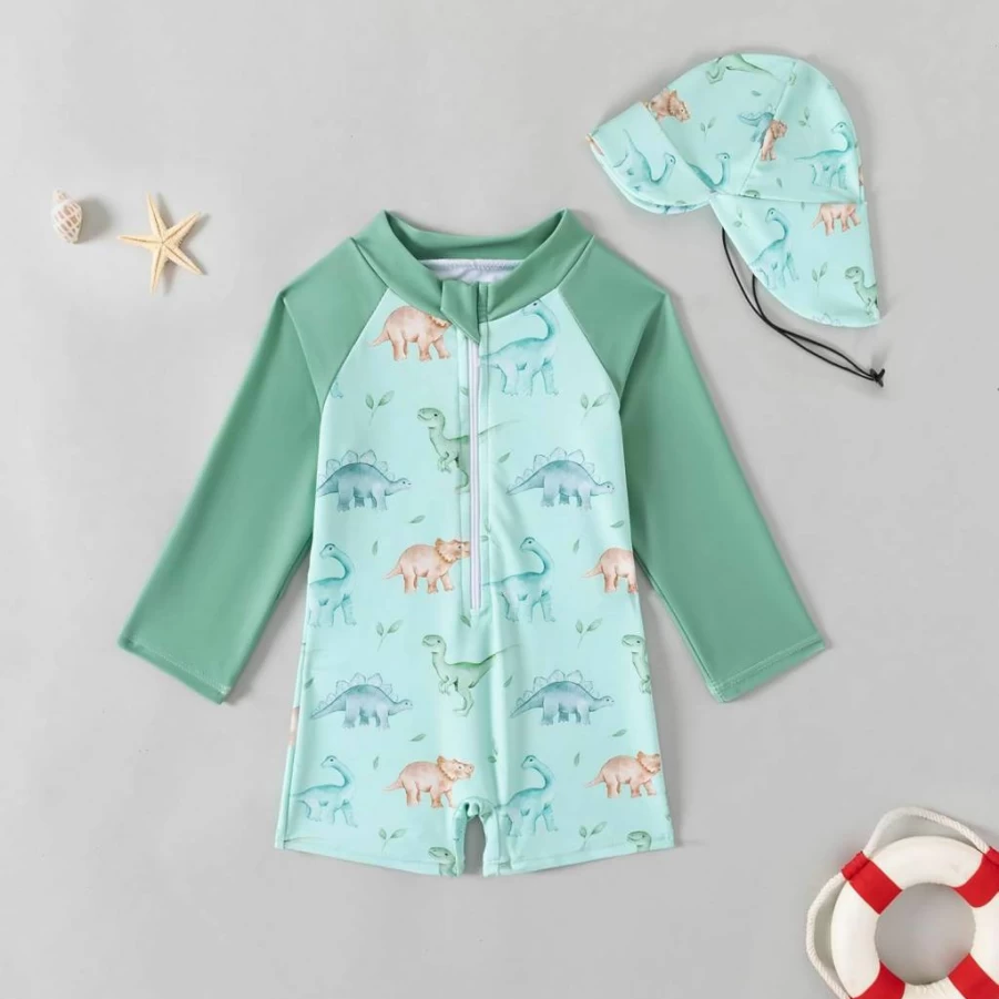 METYOUEZE Baby Boys' Long Sleeve Rash Guard Swimsuit with Sun Hat - UPF 50+ Sun Protection One-Piece Zipper Bathing Suit for Toddler Beach Swimwear