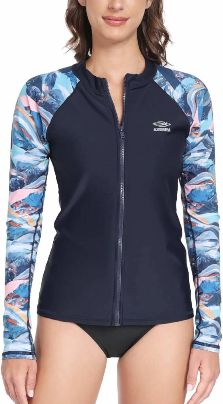 AXESEA Women's Long Sleeve Rash Guard UV Protection Swim Shirt - Printed Sun Safe Bathing Suit Top