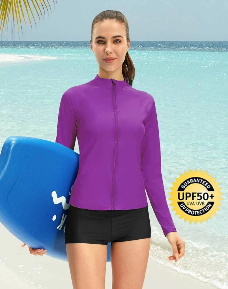 JOYSPELS Women's UPF 50+ Long Sleeve Zip Front Rash Guard Swim Shirt for Sun Protection