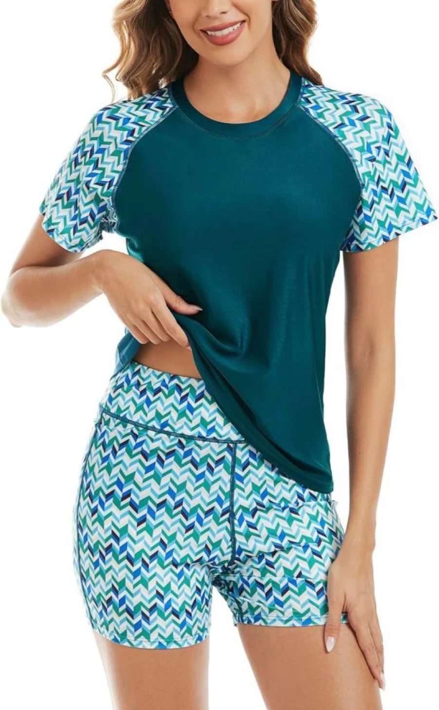 Bonneuitbebe Women's UPF 50+ Rash Guard Swim Set with Built-In Bra & Boyshorts - 2 Piece Short Sleeve Bathing Suit