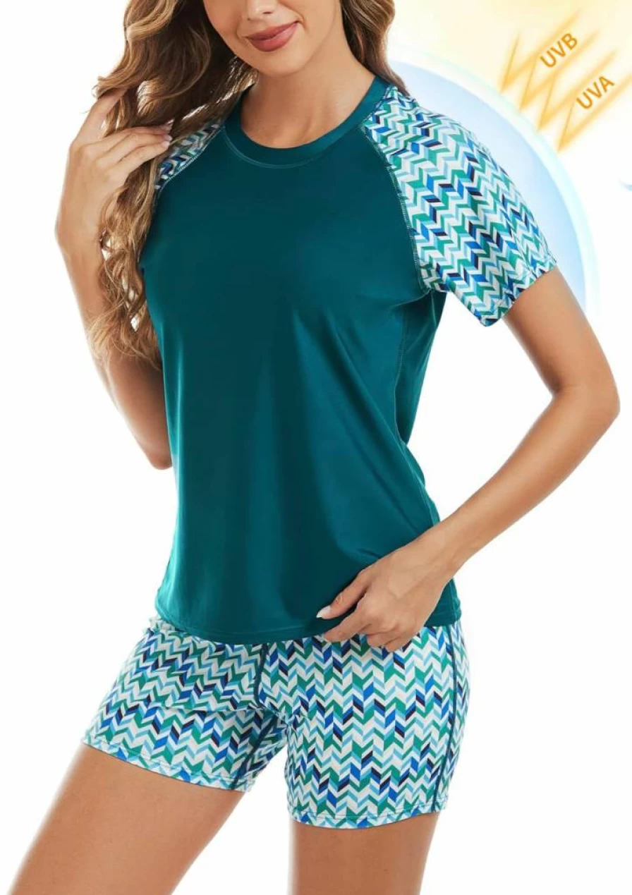 Bonneuitbebe Women's UPF 50+ Rash Guard Swim Set with Built-In Bra & Boyshorts - 2 Piece Short Sleeve Bathing Suit