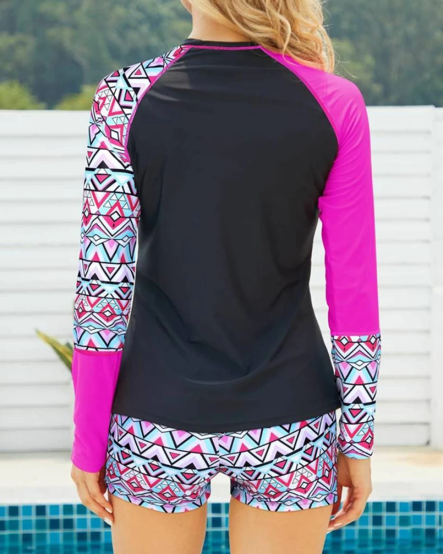 Daci Women's Long Sleeve UV Protection Rash Guard Swimwear Two-Piece Set with Boy Shorts