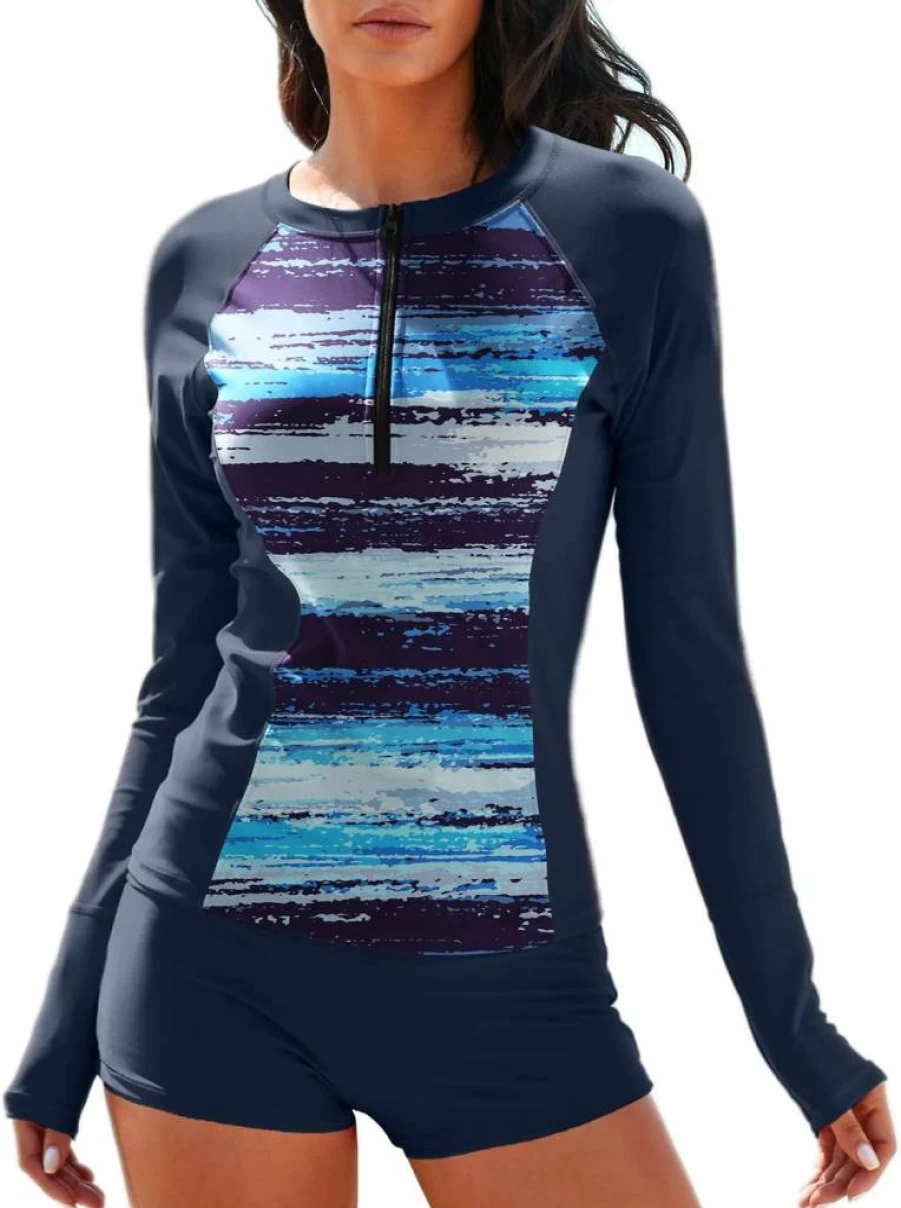 MISSVOG Women's UPF 50 Long Sleeve Rash Guard Two-Piece Surfing Swimsuit with Half-Zipper Athletic Swimwear