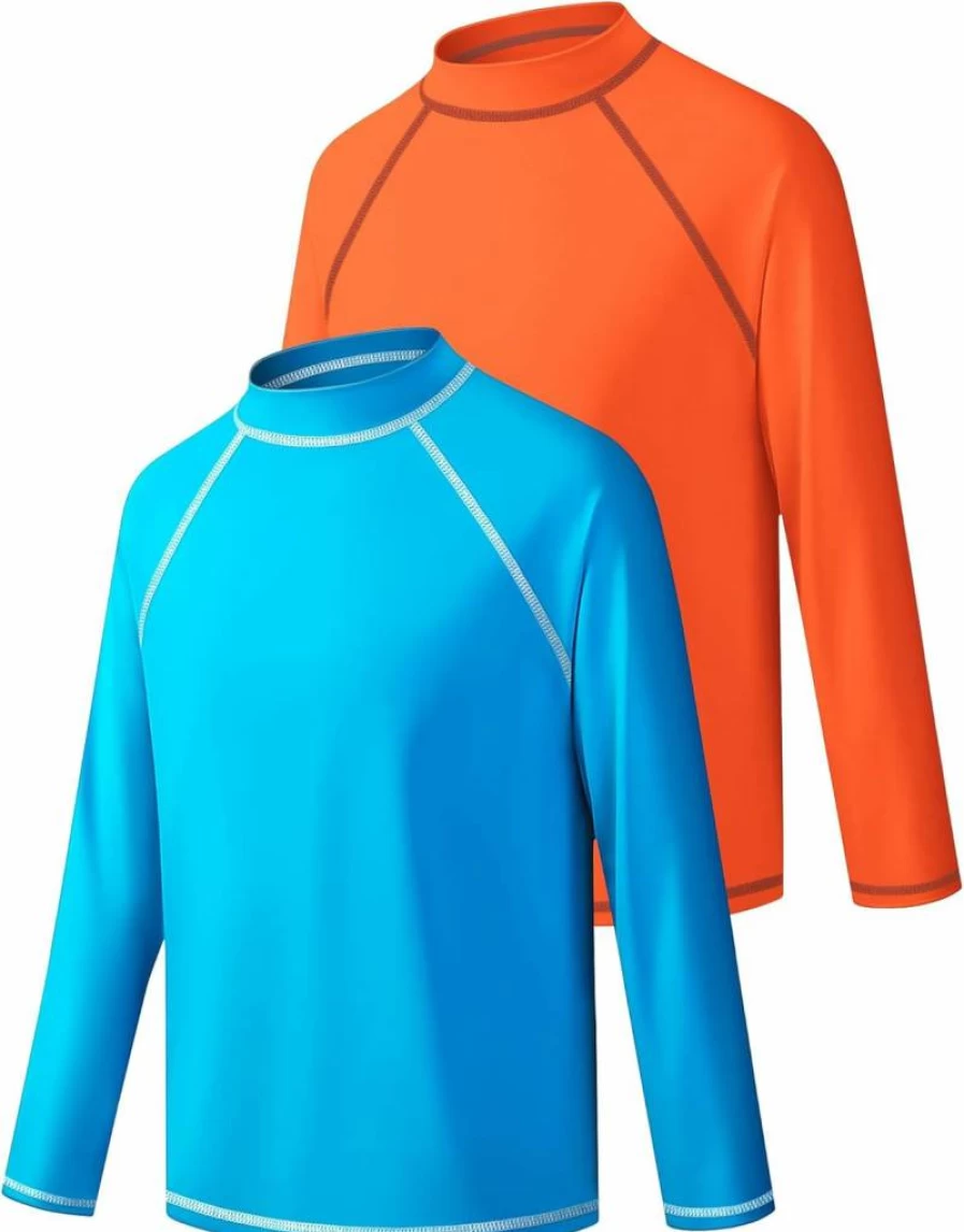 Bigant UPF 50+ Boys Rash Guard Swim Shirts 2 Pack - Long Sleeve Quick Dry Sun Protective Swimwear for Kids Youth Fishing & Water Sports