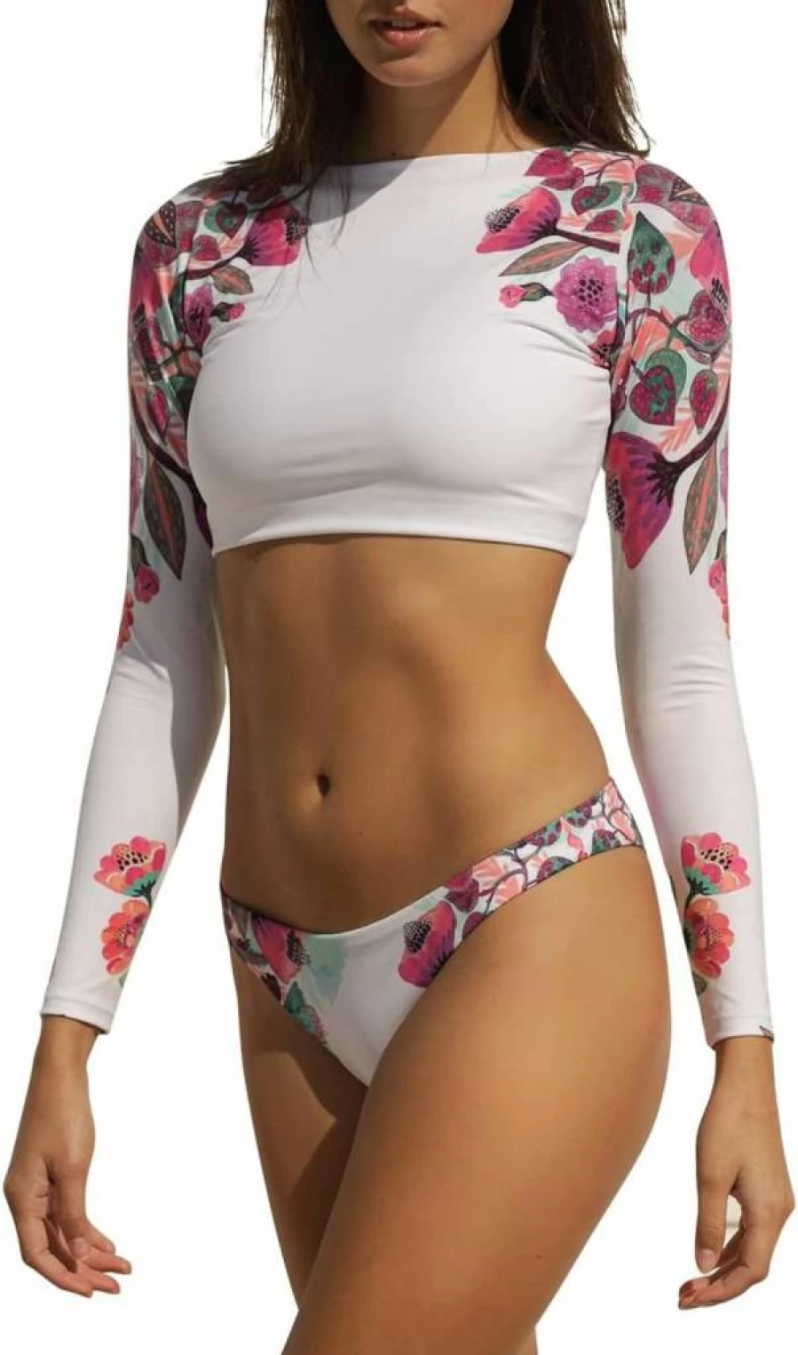 JadeRich Women's Floral Print Long Sleeve Crop Top & High Cut Thong Bikini Set - Rash Guard Two Piece Swimsuit