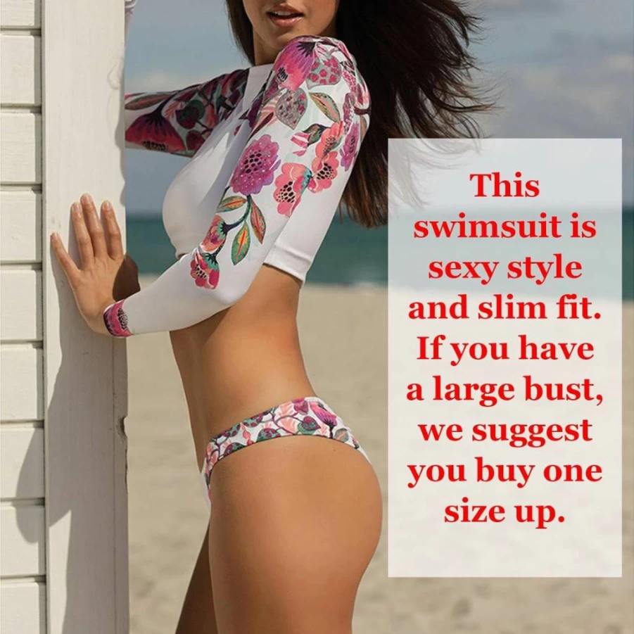 JadeRich Women's Floral Print Long Sleeve Crop Top & High Cut Thong Bikini Set - Rash Guard Two Piece Swimsuit
