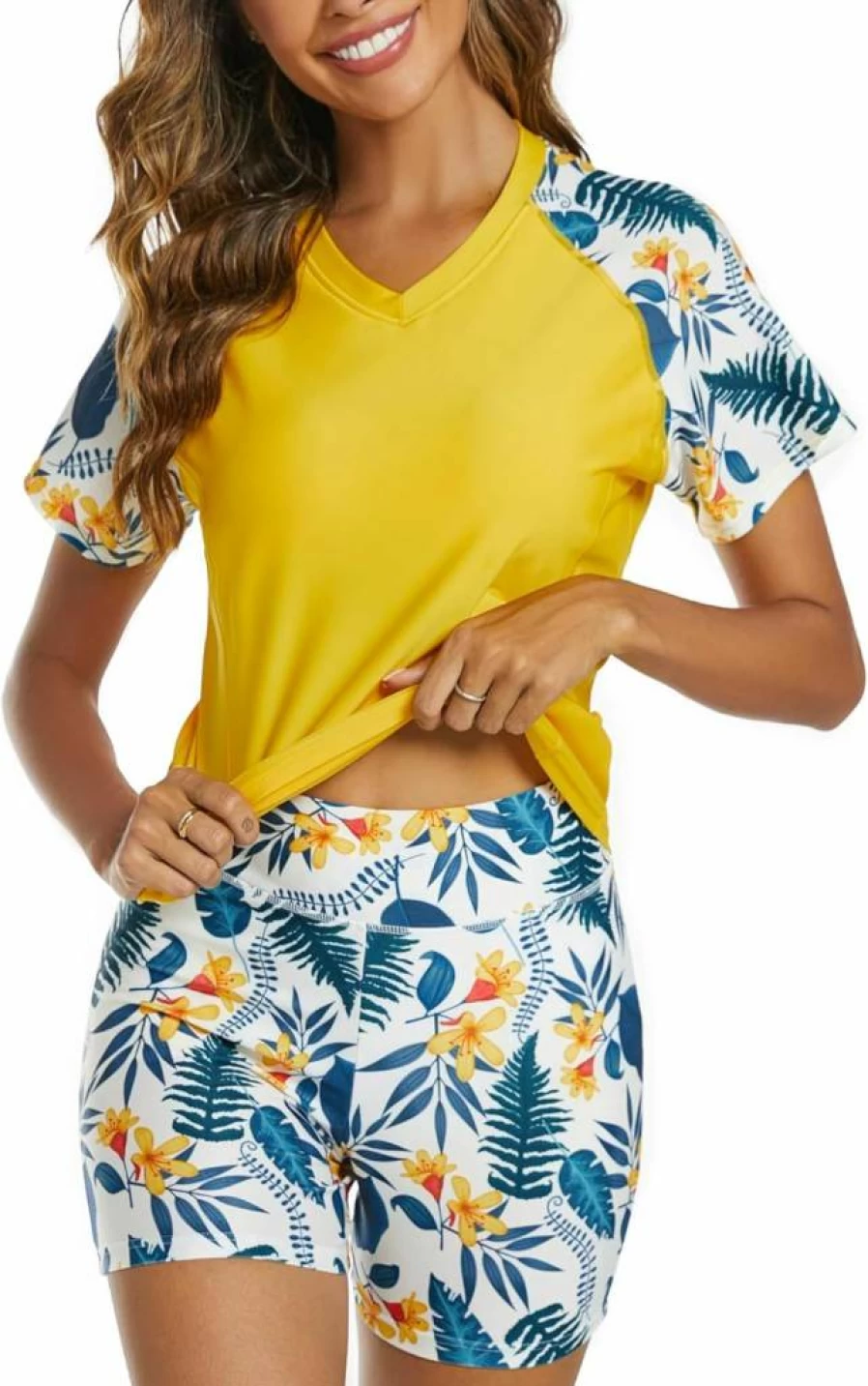 Tournesol Women's UPF 50+ Rash Guard Swimsuit Set with Built-In Bra & Boyshorts - Short Sleeve Two-Piece Swimwear