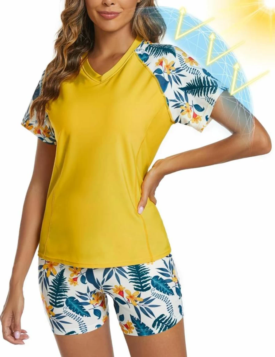 Tournesol Women's UPF 50+ Rash Guard Swimsuit Set with Built-In Bra & Boyshorts - Short Sleeve Two-Piece Swimwear