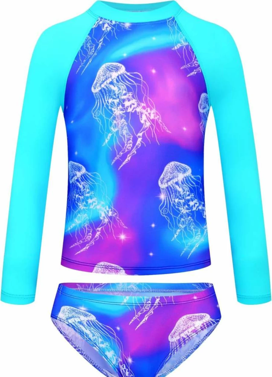 TENVDA Girls Long Sleeve Rash Guard Swimsuit Set UPF 50+ Two-Piece Bathing Suit for Kids Ages 3-12 Years