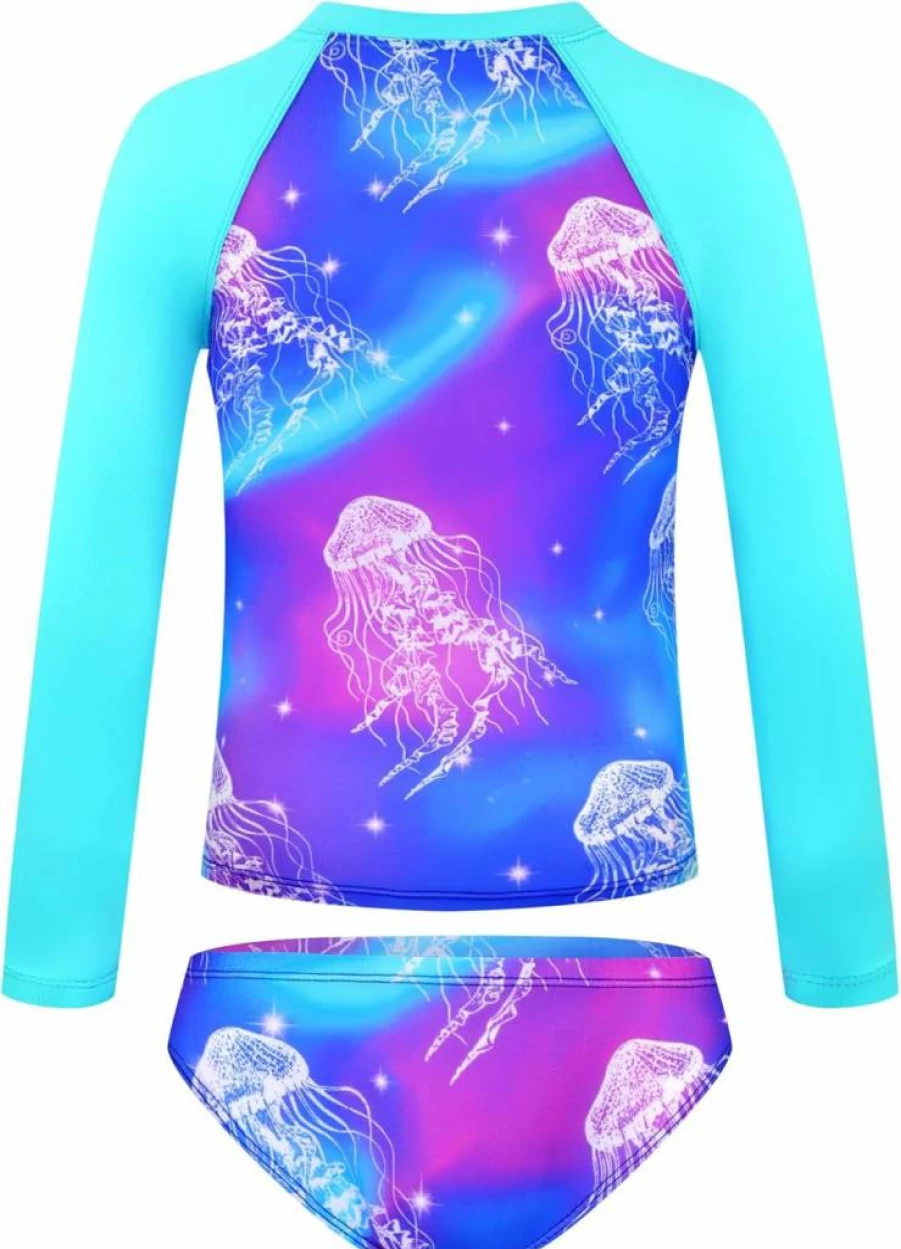 TENVDA Girls Long Sleeve Rash Guard Swimsuit Set UPF 50+ Two-Piece Bathing Suit for Kids Ages 3-12 Years