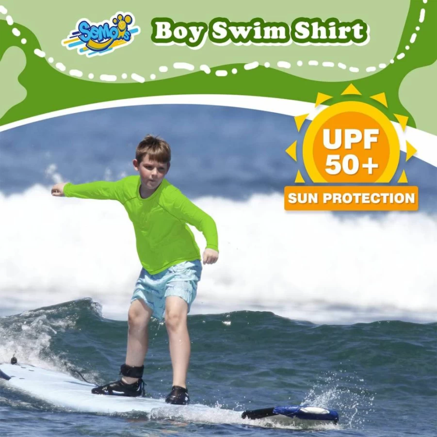 Semois Boys' UPF 50+ Long Sleeve Rash Guard Swim Shirt for Toddlers & Kids - Sun Protection Water Shirt for Swimming