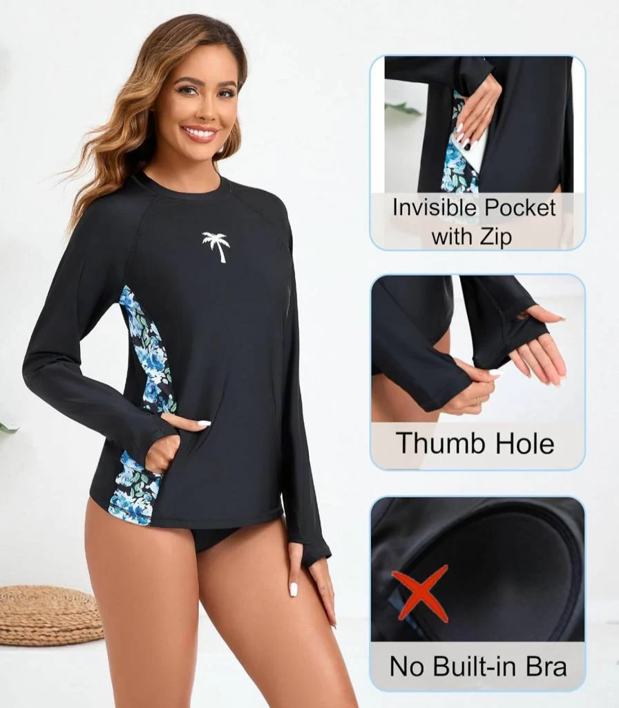 Halcurt Women's UPF 50+ Long Sleeve Rash Guard Swim Shirt - Sun Protective Swim Top