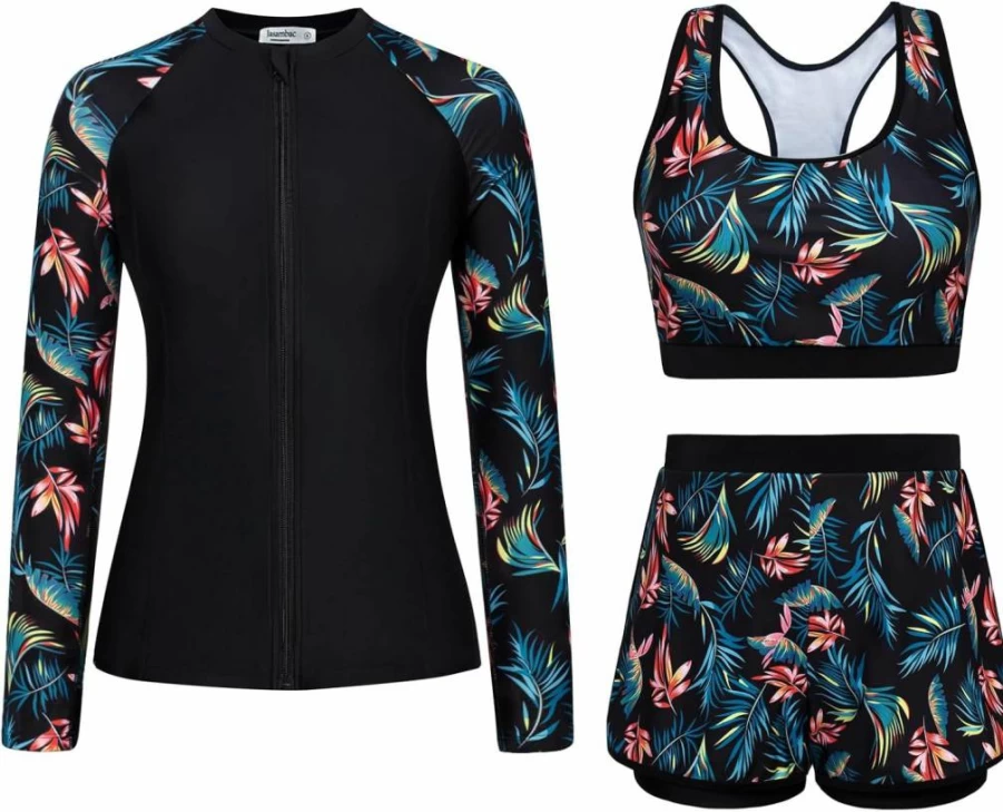 JASAMBAC Women's 3-Piece Long Sleeve Rash Guard Swimsuits with Boyshorts, UPF 50+ Zip-Up Swim Shirt & Built-In Bra