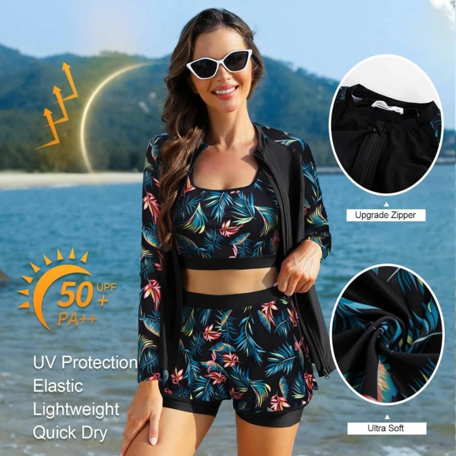 JASAMBAC Women's 3-Piece Long Sleeve Rash Guard Swimsuits with Boyshorts, UPF 50+ Zip-Up Swim Shirt & Built-In Bra