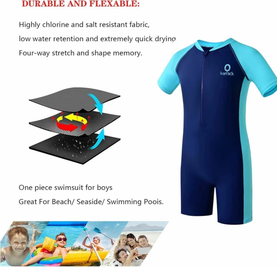 Karrack UPF 50+ Kids Rash Guard Swimsuit - Boys & Girls One-Piece Sun Protective Bathing Suit for Water Sports