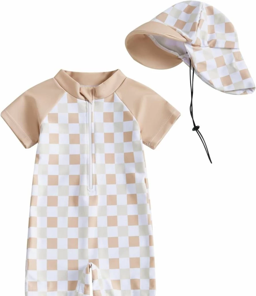 Dewadbow Toddler Swimsuit for Boys & Girls - Checkered Print Rash Guard One-Piece Bathing Suit with UV Protection and Matching Hat