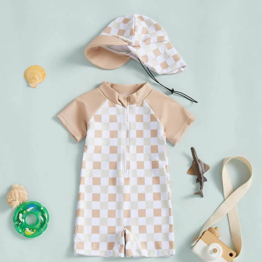 Dewadbow Toddler Swimsuit for Boys & Girls - Checkered Print Rash Guard One-Piece Bathing Suit with UV Protection and Matching Hat