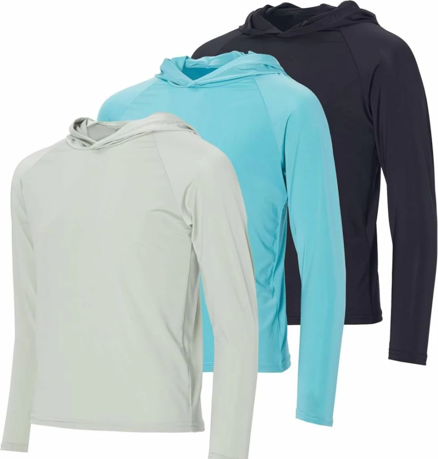 Real Essentials Youth UPF 50+ Sun Protection Rash Guard Hoodie - Long Sleeve Swim Shirt for Boys & Girls (Ages 4-16) - 3 Pack Set