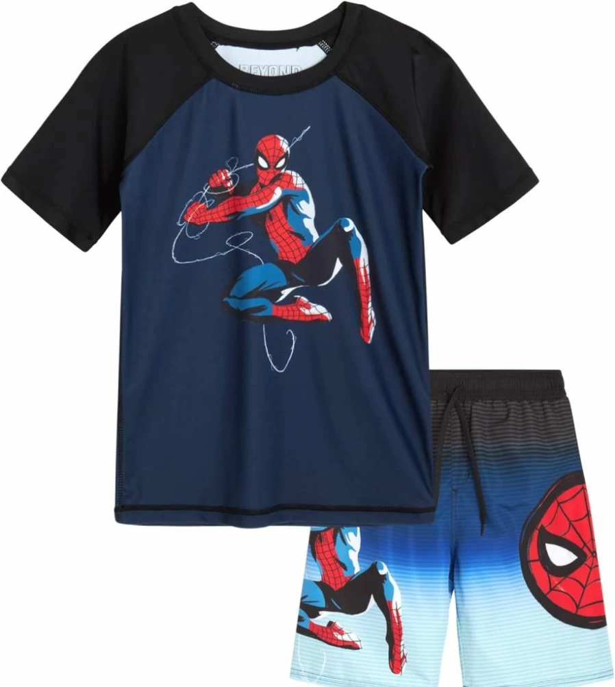 Marvel Spiderman Boys 2-Piece Swim Set - UPF 50+ Rash Guard & Swim Trunks (2T-12) | Spidey & His Amazing Friends