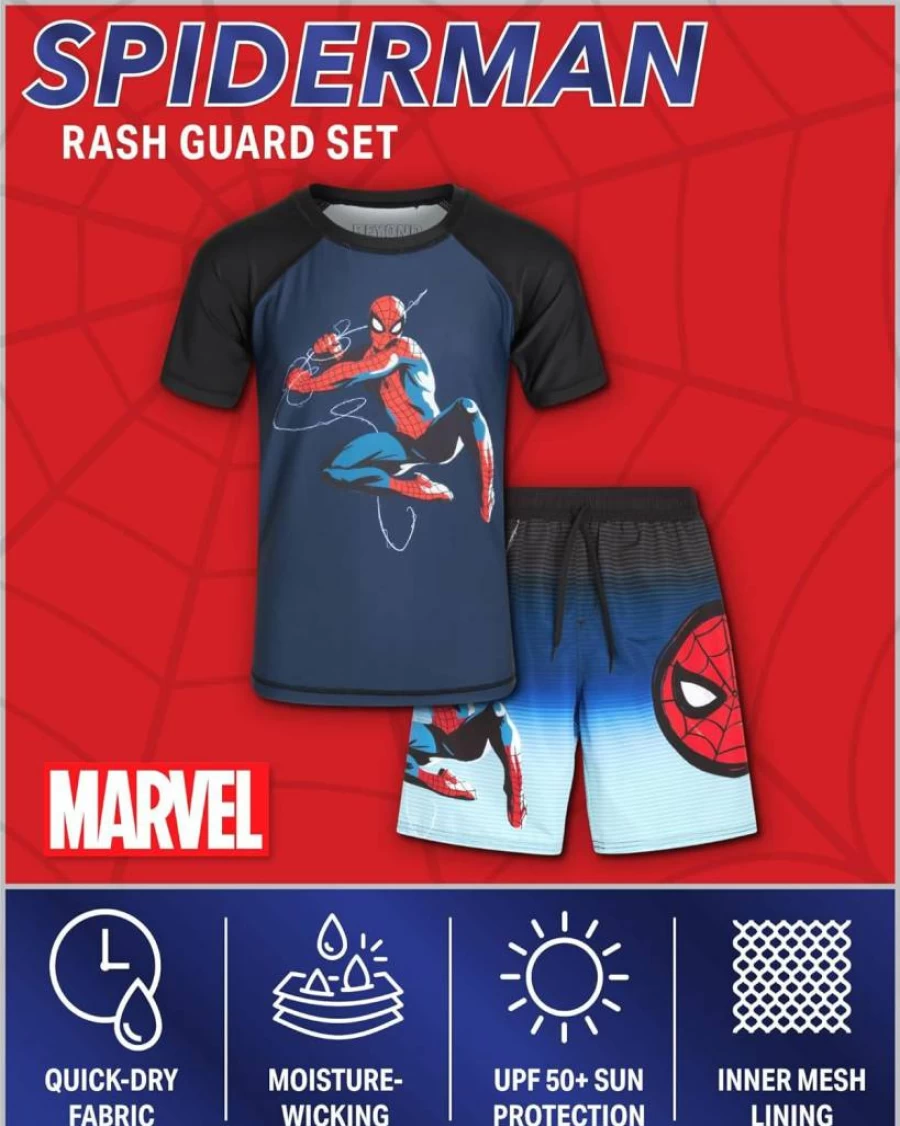 Marvel Spiderman Boys 2-Piece Swim Set - UPF 50+ Rash Guard & Swim Trunks (2T-12) | Spidey & His Amazing Friends