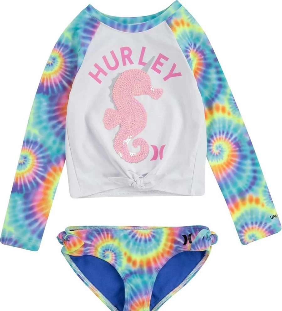 Hurley Girls 2-Piece Long Sleeve Rash Guard Swimsuit for Sun Protection
