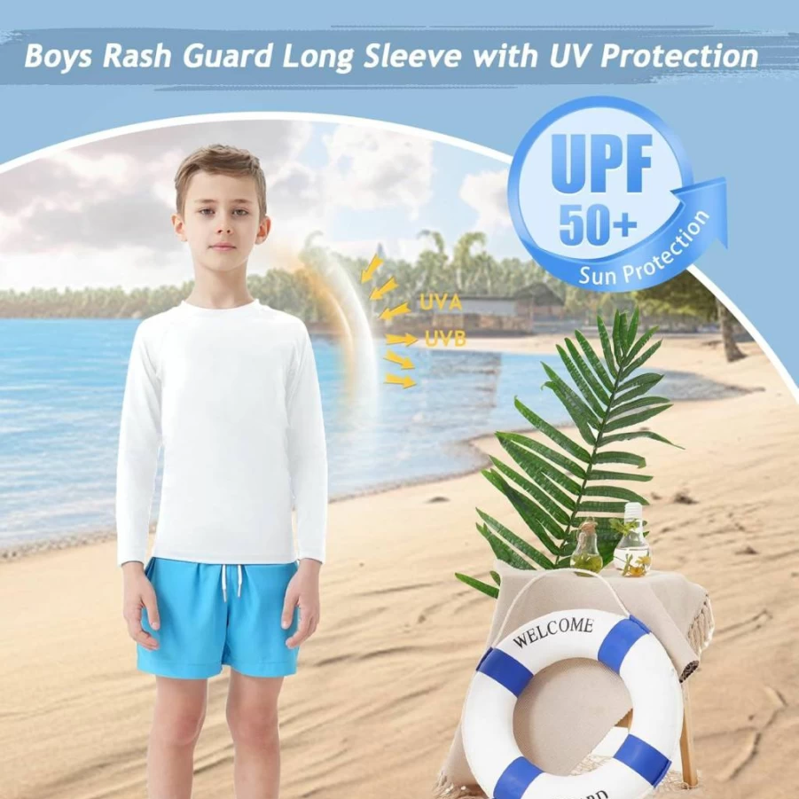 BROWNKNOT Boys UPF 50+ Long Sleeve Rash Guard Swim Shirt - UV Sun Protection, Quick Dry SPF Swimwear for Kids, Surfing & Water Sports