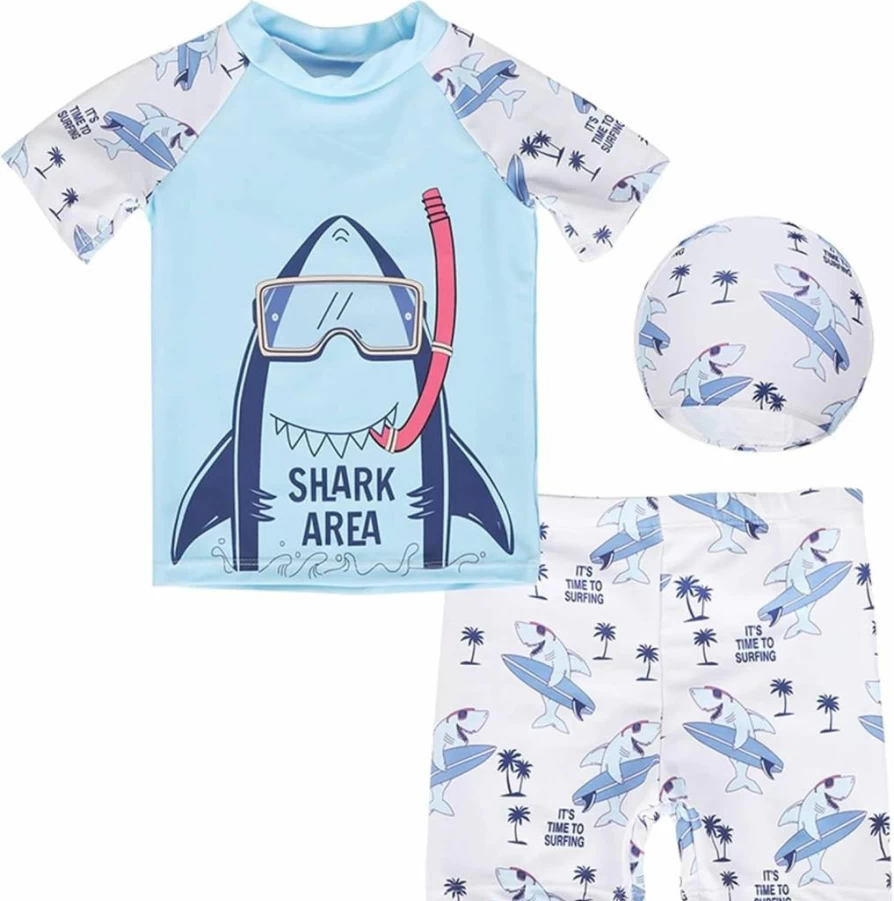 YAGATA Boys 3-Piece Swim Set - Toddler Rash Guard, Swim Shirt & Trunks for Sun Protection