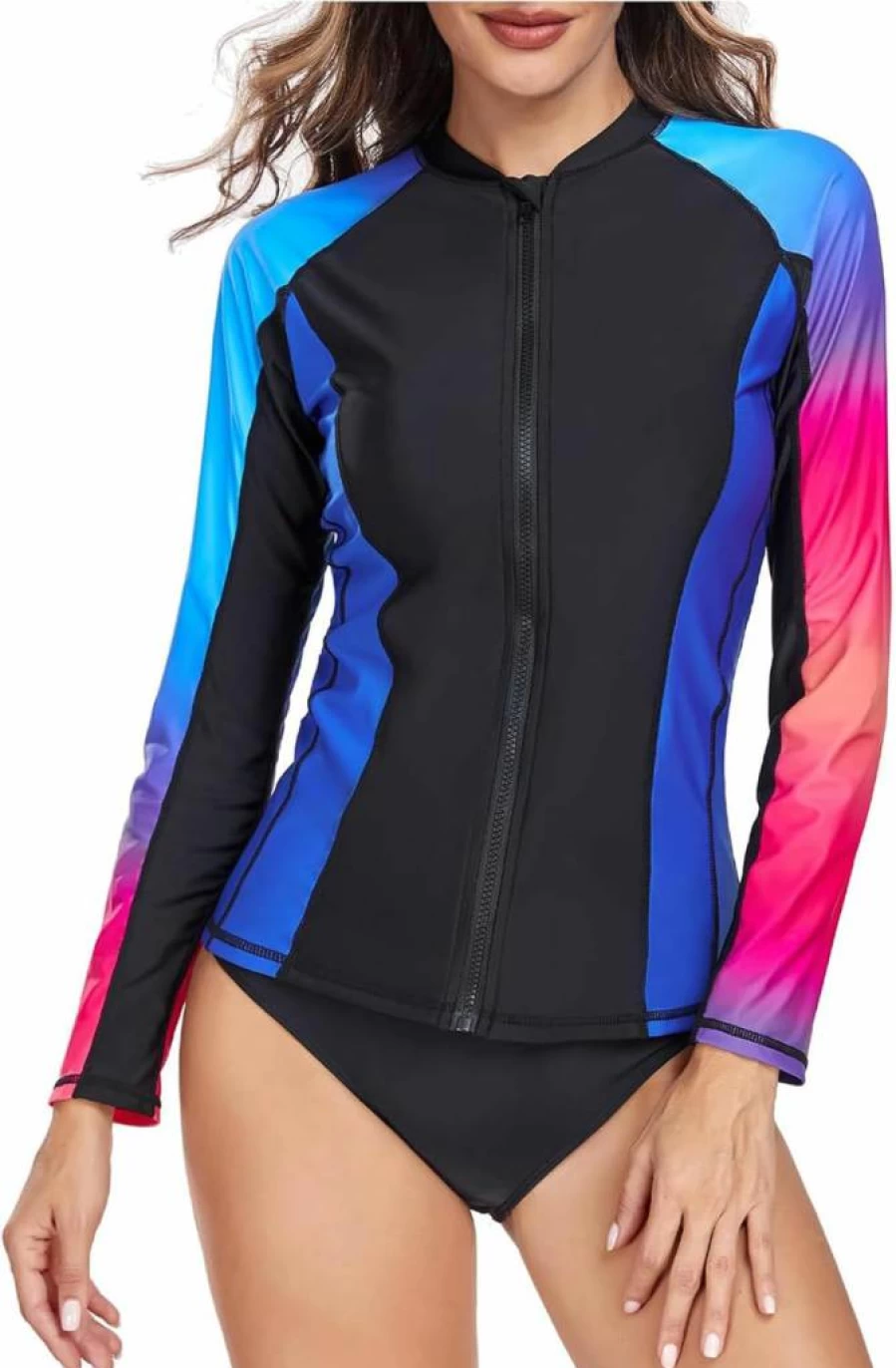 American Trends Women's UPF 50+ Long Sleeve Zip Front Rash Guard Swim Top - Sun Protective Swimwear for Beach & Pool