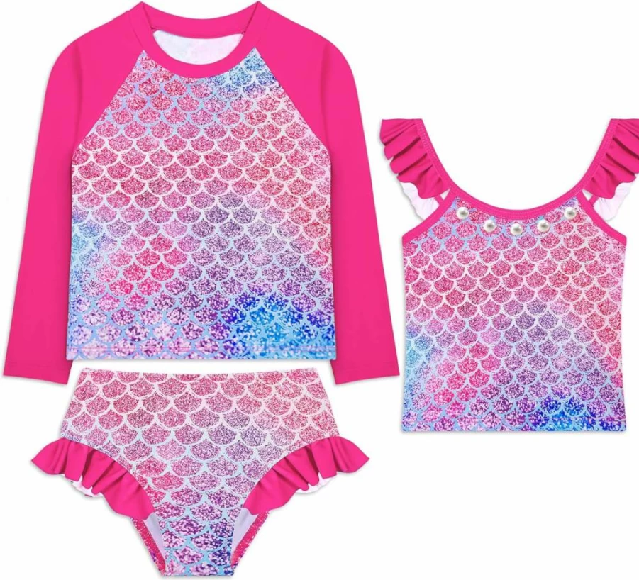 SPXKD Girls' Long Sleeve Rash Guard Swimsuits 3-Pack - Quick Dry Tankini Bathing Suits for Kids 4-8 Years