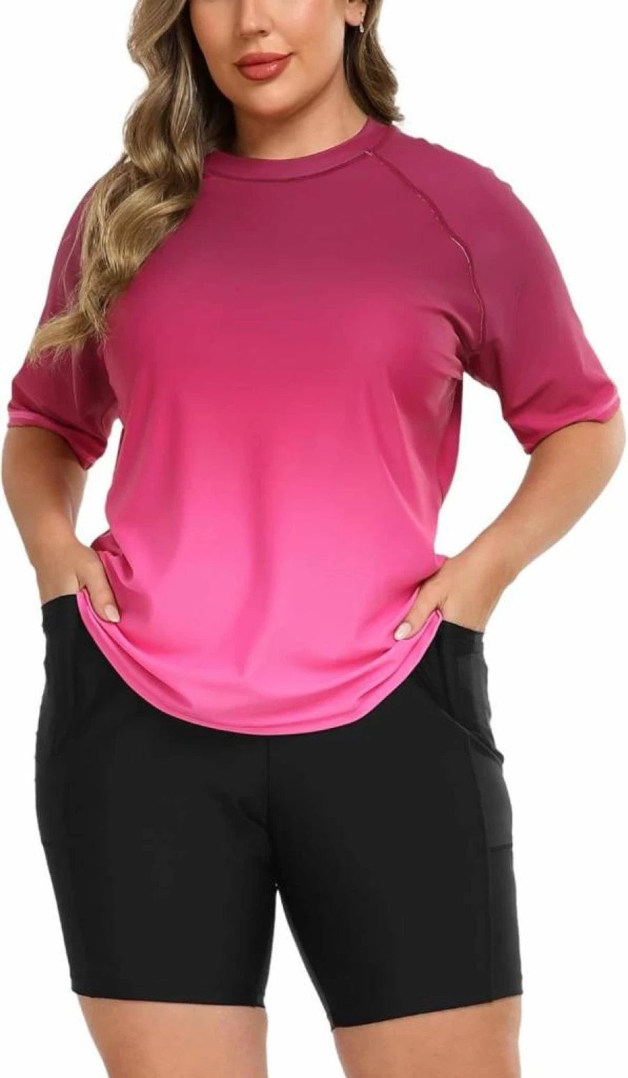 Halcurt Women's Plus Size Swimwear Set with Built-In Bra Rash Guard Shirt and Pocket Boyleg Shorts Two-Piece